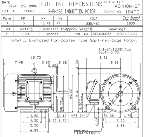 EP0054C TECO Westinghouse 5 hp 1800 RPM 184TC Cast Iron 230/460V TEFC Severe Duty 3-Phase Motor