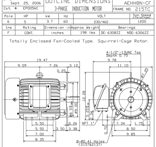 EP0056C TECO Westinghouse 5 hp 1200 RPM 215TC Cast Iron 230/460V TEFC Severe Duty 3-Phase Motor