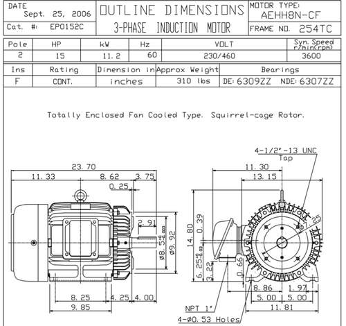 EP0152C TECO Westinghouse 15 hp 3600 RPM 254TC Cast Iron 230/460V TEFC Severe Duty 3-Phase Motor