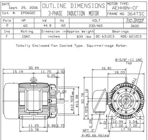 EP0602C TECO Westinghouse 60 hp 3600 RPM 364TSC Cast Iron 230/460V TEFC Severe Duty 3-Phase Motor