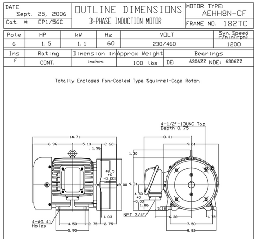 EP1/56C TECO Westinghouse 1 1/2 hp 1200 RPM 182TC Cast Iron 230/460V TEFC Severe Duty 3-Phase Motor