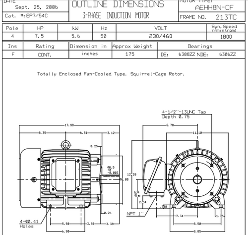EP7/54C TECO Westinghouse 7 1/2 hp 1800 RPM 213TC Cast Iron 230/460V TEFC Severe Duty 3-Phase Motor