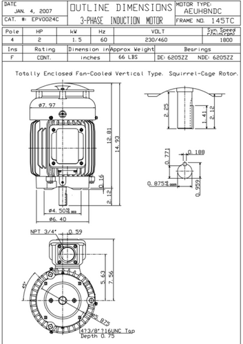 EPV0024C TECO-Westinghouse 2 hp 1800 RPM 145TC Vertical 230/460V TEFC Severe Duty Petro-Chem 3-Ph Motor