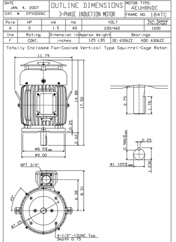 EPV0026C TECO-Westinghouse 2 hp 1200 RPM 182TC Vertical 230/460V TEFC Severe Duty Petro-Chem 3-Ph Motor