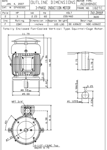 EPV0032C TECO-Westinghouse 3 hp 3600 RPM 182TC Vertical 230/460V TEFC Severe Duty Petro-Chem 3-Ph Motor