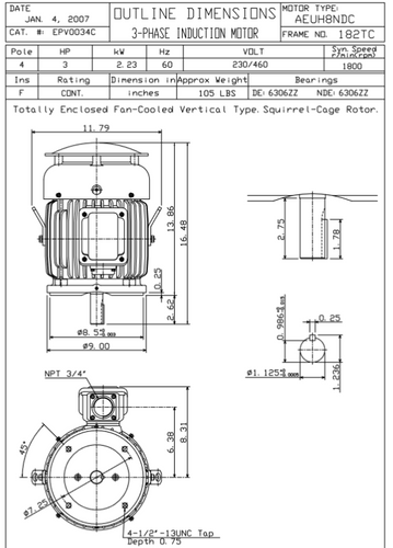 EPV0034C TECO-Westinghouse 3 hp 1800 RPM 182TC Vertical 230/460V TEFC Severe Duty Petro-Chem 3-Ph Motor