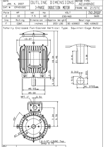 EPV0102C TECO-Westinghouse 10 hp 3600 RPM 215TC Vertical 230/460V TEFC Severe Duty Petro-Chem 3-Ph Motor