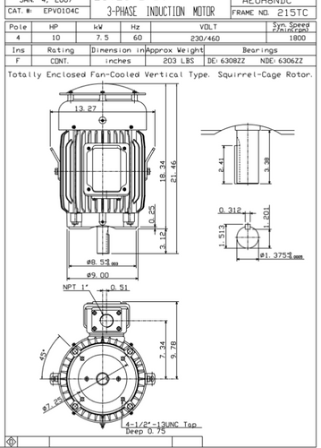 EPV0104C TECO-Westinghouse 10 hp 1800 RPM 215TC Vertical 230/460V TEFC Severe Duty Petro-Chem 3-Ph Motor