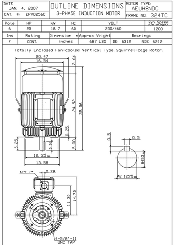 EPV0256C TECO-Westinghouse 25 hp 1200 RPM 324TC Vertical 230/460V TEFC Severe Duty Petro-Chem 3-Ph Motor