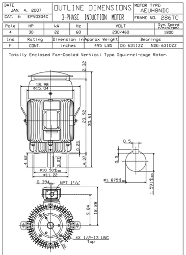EPV0304C TECO-Westinghouse 30 hp 1800 RPM 286TC Vertical 230/460V TEFC Severe Duty Petro-Chem 3-Ph Motor