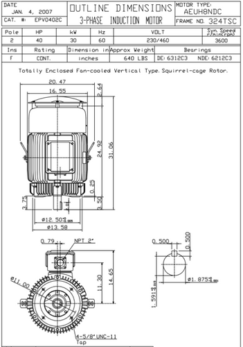EPV0402C TECO-Westinghouse 40 hp 3600 RPM 324TSC Vertical 230/460V TEFC Severe Duty Petro-Chem 3-Ph Motor