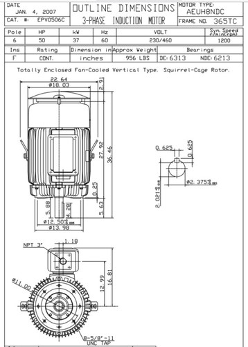 EPV0506C TECO-Westinghouse 50 hp 1200 RPM 365TC Vertical 230/460V TEFC Severe Duty Petro-Chem 3-Ph Motor