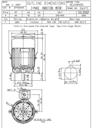 EPV0604C TECO-Westinghouse 60 hp 1800 RPM 364TC Vertical 230/460V TEFC Severe Duty Petro-Chem 3-Ph Motor