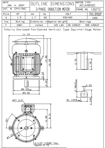 EPV1/56C TECO-Westinghouse 1 1/2 hp 1200 RPM 182TC Vertical 230/460V TEFC Severe Duty Petro-Chem 3-Ph Motor