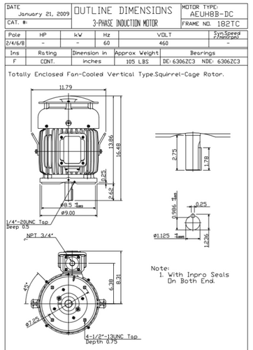 HBV0032C TECO-Westinghouse 3 hp 3600 RPM 182TC Vertical 460V TEFC Severe Duty Petro-Chem 3-Ph Motor