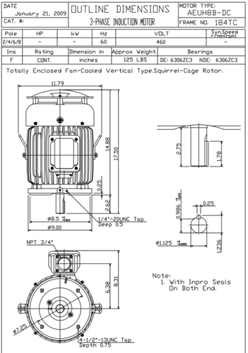 HBV0054C TECO-Westinghouse 5 hp 1800 RPM 184TC Vertical 460V TEFC Severe Duty Petro-Chem 3-Ph Motor