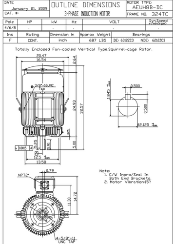 HBV0256C TECO-Westinghouse 25 hp 1200 RPM 324TC Vertical 460V TEFC Severe Duty Petro-Chem 3-Ph Motor