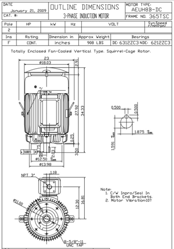 HBV0752C TECO-Westinghouse 75 hp 3600 RPM 365TSC Vertical 460V TEFC Severe Duty Petro-Chem 3-Ph Motor