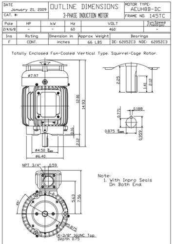 HBV1/54C TECO-Westinghouse 1 1/2 hp 1800 RPM 145TC Vertical 460V TEFC Severe Duty Petro-Chem 3-Ph Motor