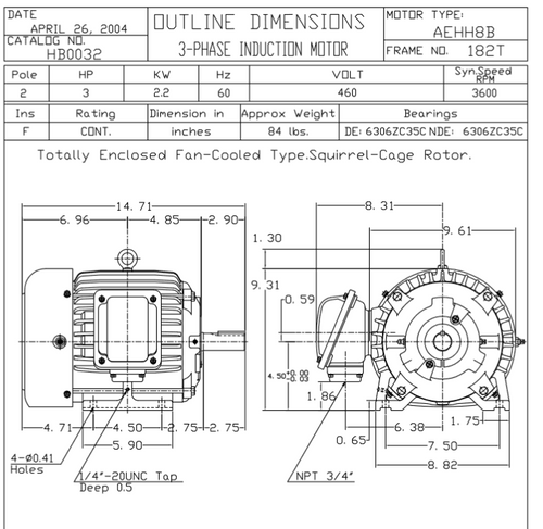 HB0032 TECO-Westinghouse 3 hp 3600 RPM 182T 460V TEFC Severe Duty Petro-Chem 3-Ph Motor