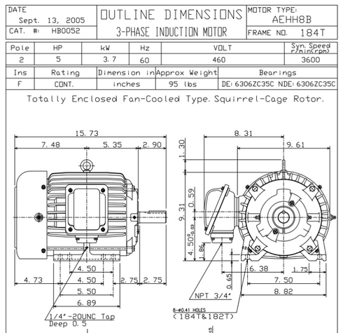 HB0052 TECO-Westinghouse 5 hp 3600 RPM 184T 460V TEFC Severe Duty Petro-Chem 3-Ph Motor