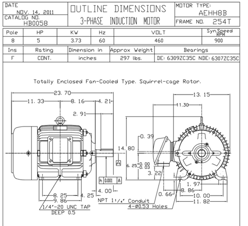 HB0058 TECO-Westinghouse 5 hp 900 RPM 254T 460V TEFC Severe Duty Petro-Chem 3-Ph Motor