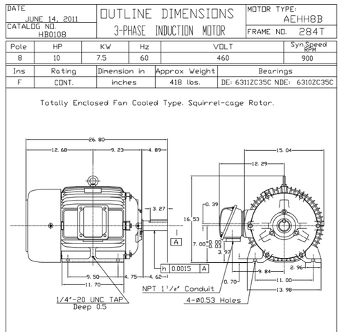 HB0108 TECO-Westinghouse 10 hp 900 RPM 284T 460V TEFC Severe Duty Petro-Chem 3-Ph Motor