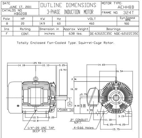 HB0208 TECO-Westinghouse 20 hp 900 RPM 324T 460V TEFC Severe Duty Petro-Chem 3-Ph Motor