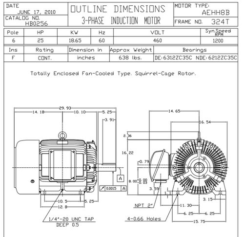 HB0256 TECO-Westinghouse 25 hp 1200 RPM 324T 460V TEFC Severe Duty Petro-Chem 3-Ph Motor
