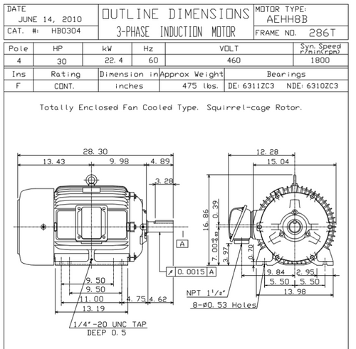 HB0304 TECO-Westinghouse 30 hp 1800 RPM 286T 460V TEFC Severe Duty Petro-Chem 3-Ph Motor