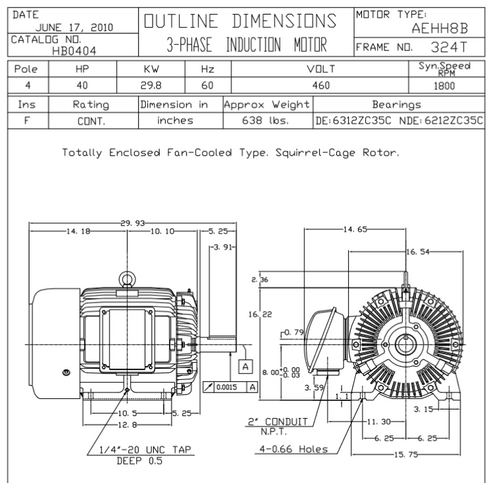 HB0404 TECO-Westinghouse 40 hp 1800 RPM 324T 460V TEFC Severe Duty Petro-Chem 3-Ph Motor