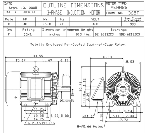 HB0408 TECO-Westinghouse 40 hp 900 RPM 365T 460V TEFC Severe Duty Petro-Chem 3-Ph Motor