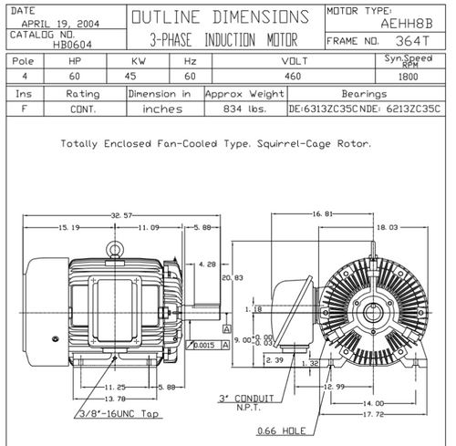 HB0604 TECO-Westinghouse 60 hp 1800 RPM 364T 460V TEFC Severe Duty Petro-Chem 3-Ph Motor