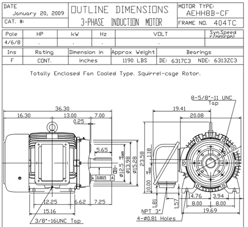 HB0606C TECO-Westinghouse 60 hp 1200 RPM 404TC 460V TEFC Severe Duty Petro-Chem 3-Ph Motor
