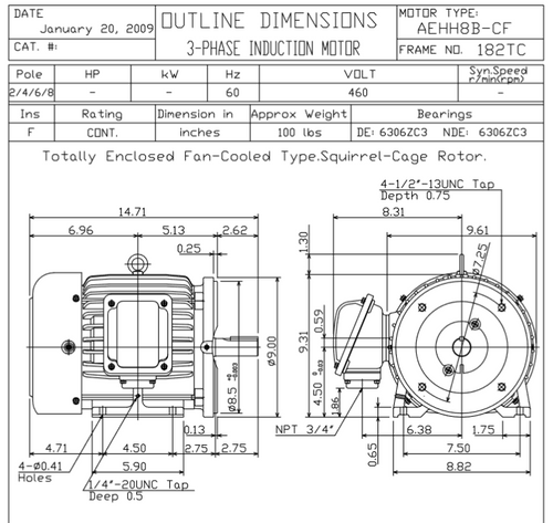 HB1/56C TECO-Westinghouse 1 1/2 hp 1200 RPM 182TC 460V TEFC Severe Duty Petro-Chem 3-Ph Motor