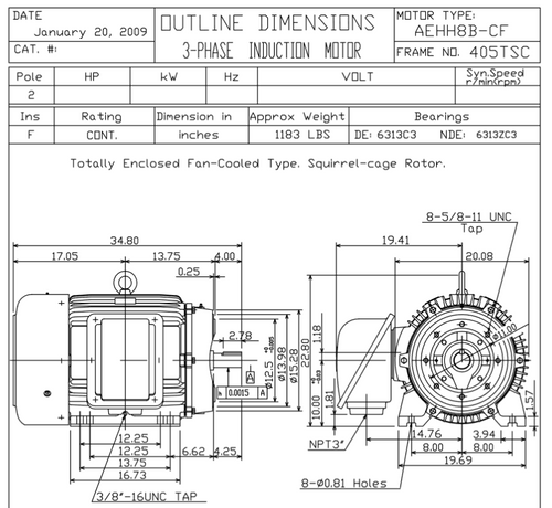 HB1002C TECO-Westinghouse 100 hp 3600 RPM 405TSC 460V TEFC Severe Duty Petro-Chem 3-Ph Motor
