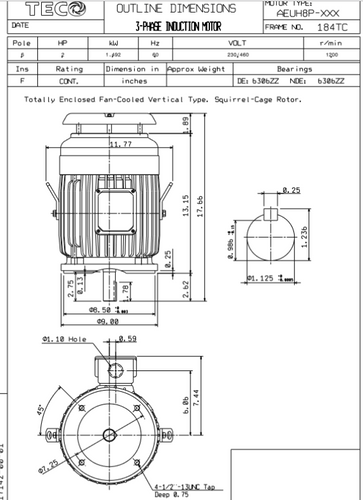 NPV0026C TECO-Westinghouse 2 HP 1200 RPM 184TC 230/460V TEFC Vertical Severe Duty 3-Ph Motor