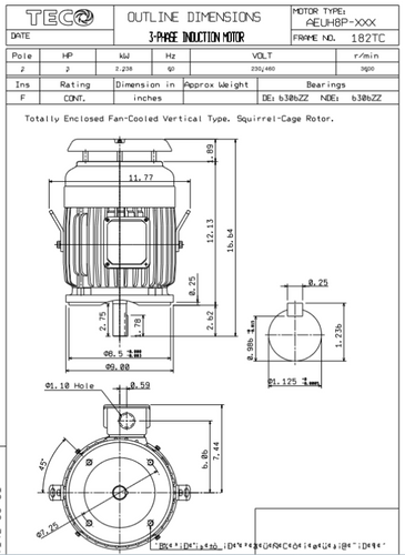 NPV0032C TECO-Westinghouse 3 HP 3600 RPM 182TC 230/460V TEFC Vertical Severe Duty 3-Ph Motor