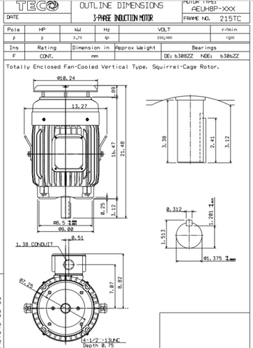 NPV0102C TECO-Westinghouse 10 HP 3600 RPM 215TC 230/460V TEFC Vertical Severe Duty 3-Ph Motor