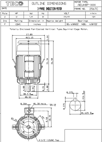 NPV0106C TECO-Westinghouse 10 HP 1200 RPM 256TC 230/460V TEFC Vertical Severe Duty 3-Ph Motor
