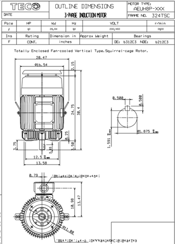NPV0402C TECO-Westinghouse 40 HP 3600 RPM 324TSC 230/460V TEFC Vertical Severe Duty 3-Ph Motor