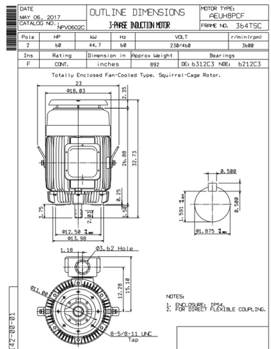 NPV0602C TECO-Westinghouse 60 HP 3600 RPM 364TSC 230/460V TEFC Vertical Severe Duty 3-Ph Motor