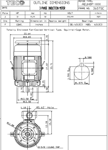 NPV0752C TECO-Westinghouse 75 HP 3600 RPM 365TSC 230/460V TEFC Vertical Severe Duty 3-Ph Motor