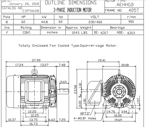 CDP0608R TECO-Westinghouse 60 hp 900 RPM 405T RB 230/460V TEFC 3-Phase Petro-Chem Crusher Motor