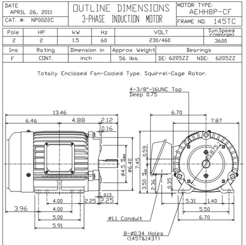 NP0022C TECO-Westinghouse 2 hp 3600 RPM 145TC 230/460V TEFC Severe Duty Petro-Chem 3-Ph Motor