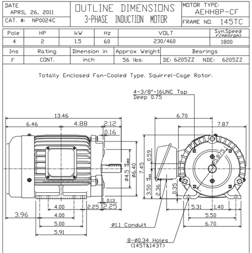 NP0024C TECO-Westinghouse 2 hp 1800 RPM 145TC 230/460V TEFC Severe Duty Petro-Chem 3-Ph Motor