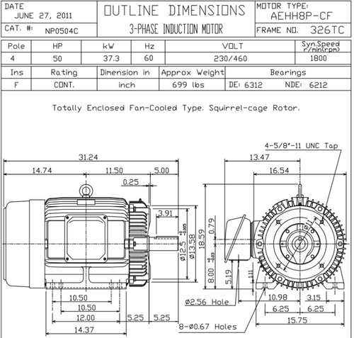 NP0504C TECO-Westinghouse 50 hp 1800 RPM 326TC 230/460V TEFC Severe Duty Petro-Chem 3-Ph Motor