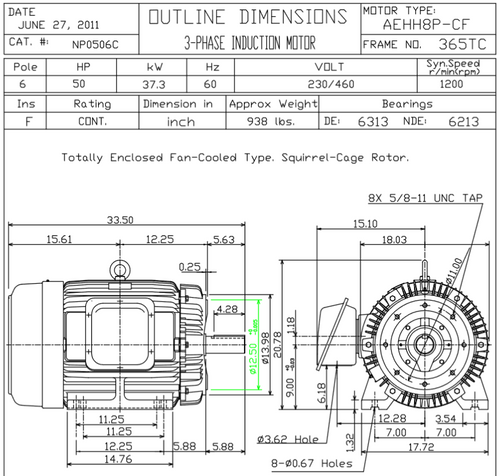 NP0506C TECO-Westinghouse 50 hp 1200 RPM 365TC 230/460V TEFC Severe Duty Petro-Chem 3-Ph Motor