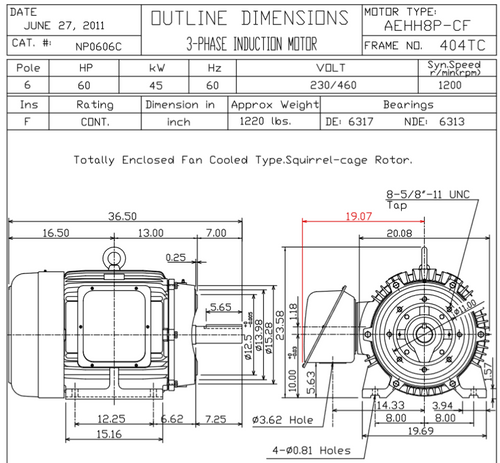 NP0606C TECO-Westinghouse 60 hp 1200 RPM 404TC 230/460V TEFC Severe Duty Petro-Chem 3-Ph Motor
