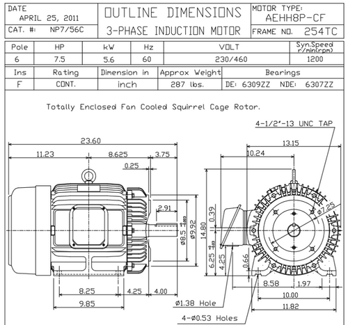 NP7/56C TECO-Westinghouse 7 1/2 hp 1200 RPM 254TC 230/460V TEFC Severe Duty Petro-Chem 3-Ph Motor